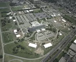 birds eye view of several american pavilion tents