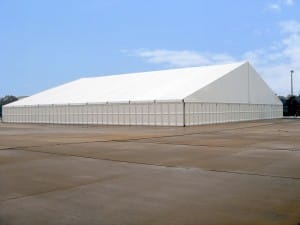 maxi-flex Losberger clear span tent, hard side walls, long term tent rental, military base tent     