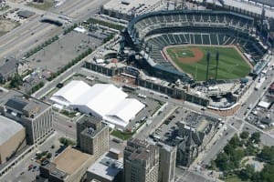 over 50000 square feet of clear span tents installed for the MLB All-Star baseball game                                   